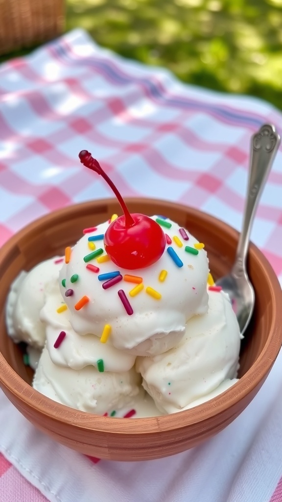 A bowl of homemade ice cream topped with sprinkles and a cherry, set outdoors on a picnic blanket.